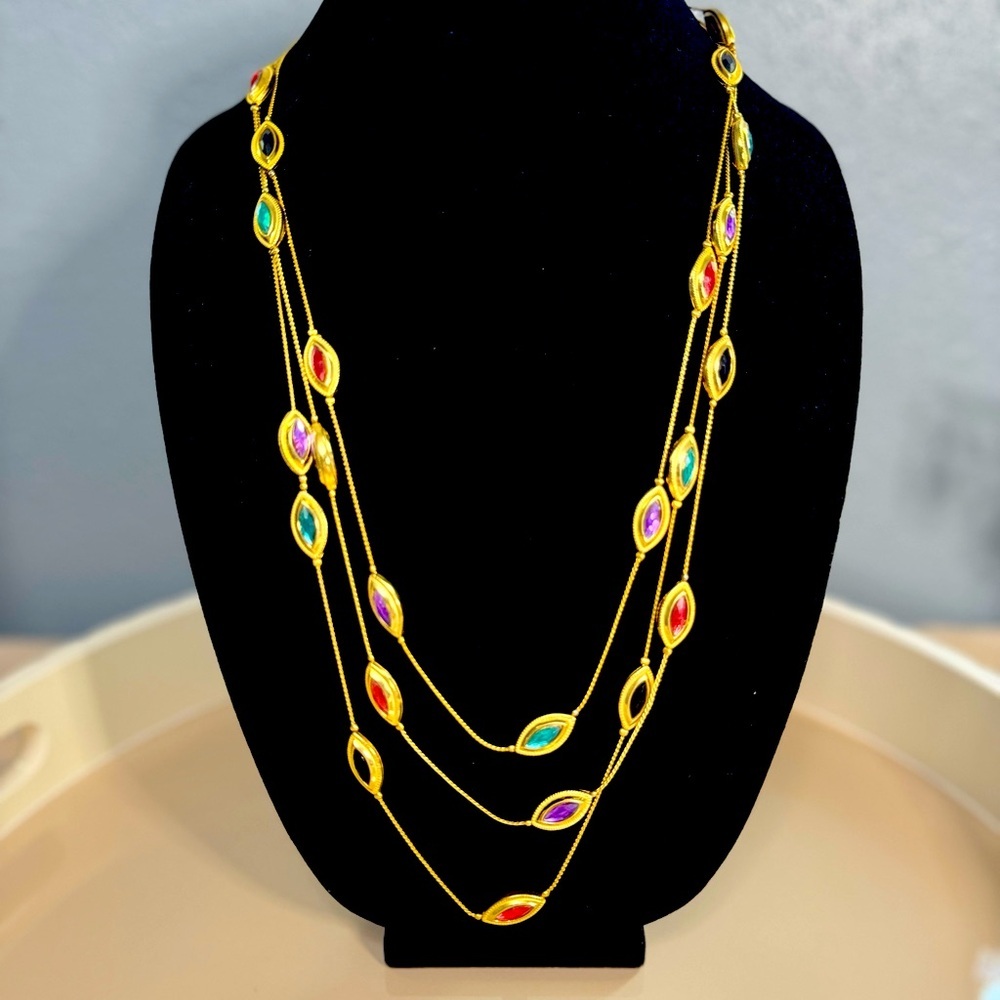 Vintage Multicolor Three Strand Gold Necklace